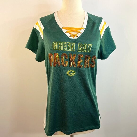 NFL Green Bay Packers Women's Sequin V-Neck Jersey Shirt - Size Large - Picture 1 of 9